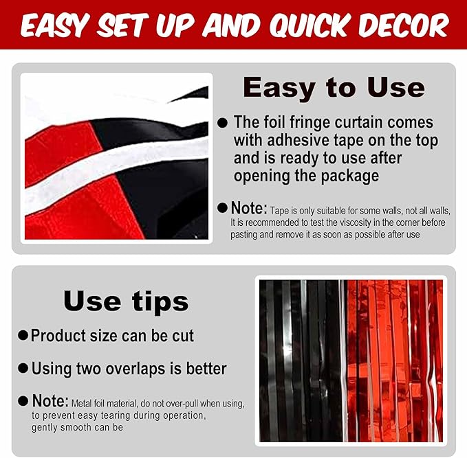 3 Pack Black and Red Foil Fringe Curtains Backdrop, 3.28 x 8.2 Ft Metallic Streamers Tinsel Curtains Background for Photo Booth, Birthday, Halloween, Christmas, New Year Party Decorations