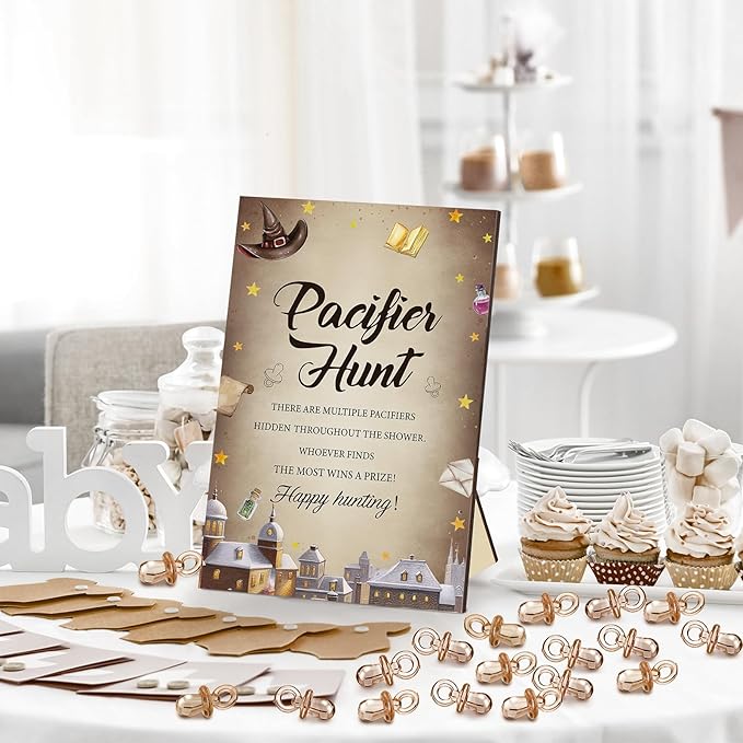 Thyle 51 Pcs Pacifier Hunt Baby Shower Games Include Hunt Sign and 50 Acrylic Pacifiers for Baby Shower Game Decoration Gift Sets Gender Reveal Party Decor(Magical Wizard)