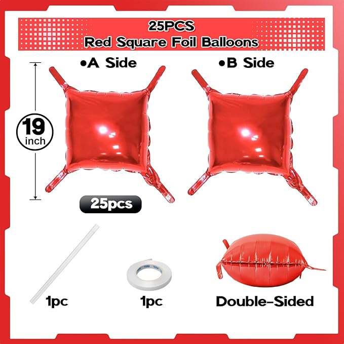 Red Square Foil Balloons Wall, 25PCS Double Sided Metallic Red Foil Balloons Backdrop Tunnel Arch Kit Background Decorations for Birthdays Wedding Bridal Baby Shower Valentines Anniversary Mother Day