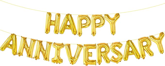 KatchOn, Letters Gold Happy Anniversary Balloons - Big, 16 Inch | Banner, Backdrop & Balloon Banner for Gold Happy Anniversary Decorations | Wedding anniversary Party Decorations | Anniversary Decor