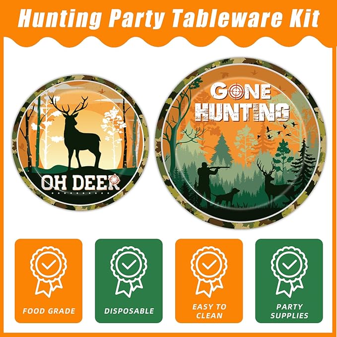 96 Pcs Hunting Camo Party Paper Plates Napkins, Oh Deer Baby Shower Birthday Party Decorations Supplies Disposable Dinnerware Tableware for Boys, Serves 24