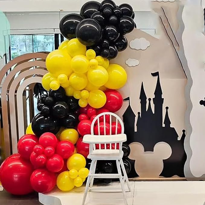 Red Yellow Black Balloons Garland Arch Kit, Mouse Party Decorations with 144pcs Different Sizes Latex Party Balloons for Baby Shower Wedding Backdrop Cartoon Game Theme Birthday Party Decorations