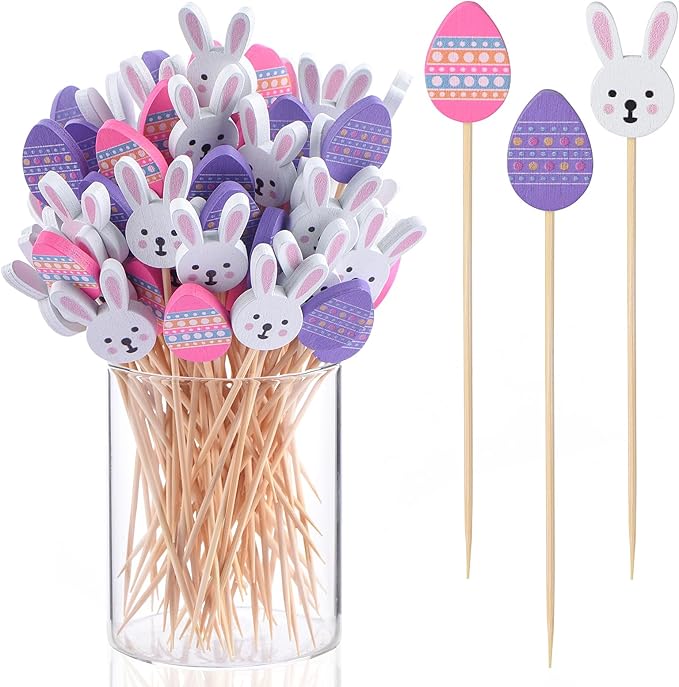JtmyAota 100 Pack Easter Toothpicks for Appetizers, 4.7 Inch Natural Bamboo Cocktail Picks for Cake Dessert Food Fruit Easter Party Decorations