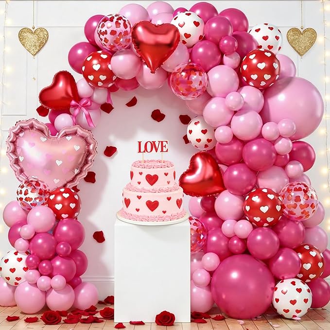 Valentines Day Balloons Arch Kit, Hot Pink White Red Heart Print Confetti Blloons with Heart Foil Balloon for Valentines Day Decorations Wedding Engagement Anniversary Supplies