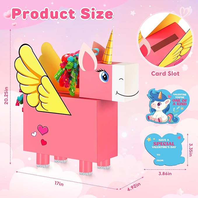 Gloween Valentines Day Boxes and Cards for Kids Classroom School Exchange, Great Valentines Gifts Party Favors for Boys Girls (1 Unicorn Box, 32 Valentine Cards, 1 Teacher Card)