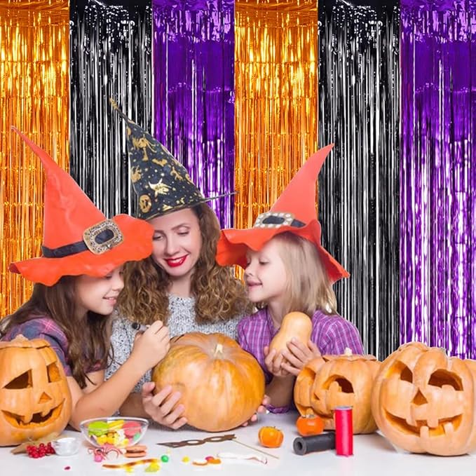 TONIFUL 2Pcs Orange Purple Black Metallic Tinsel Foil Fringe Curtains,3.28ft x 6.56ft Halloween Photo Booth Backdrop Streamer,Photo Props,for Party Door Wall Curtains Wedding Birthday(6.6ft x 6.6ft)