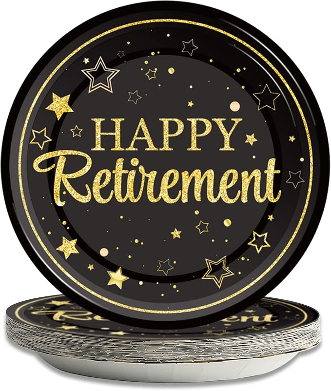 Wiooffen 48 Pcs Retirement Paper Plates Happy Retirement Party Supplies Decorations Disposable Dessert Plates Decorations Black and Gold Retired Plates Graduations Tableware for Men Women
