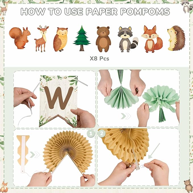 Kriyokiaa Woodland Baby Shower Decorations 15 Pcs Baby Shower Decorations with Welcome Baby Banners Paper Lantern Paper Flower Pom Poms Perfect for Indoor & Outdoor Celebrations