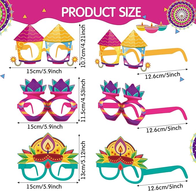 Pajean 32 Pcs Diwali Decorations Happy Diwali Eyeglasses Paper Glasses Frame Festival Deepavali Photo Booth Props Festival Party Favors for Indian Birthday Party Supplies