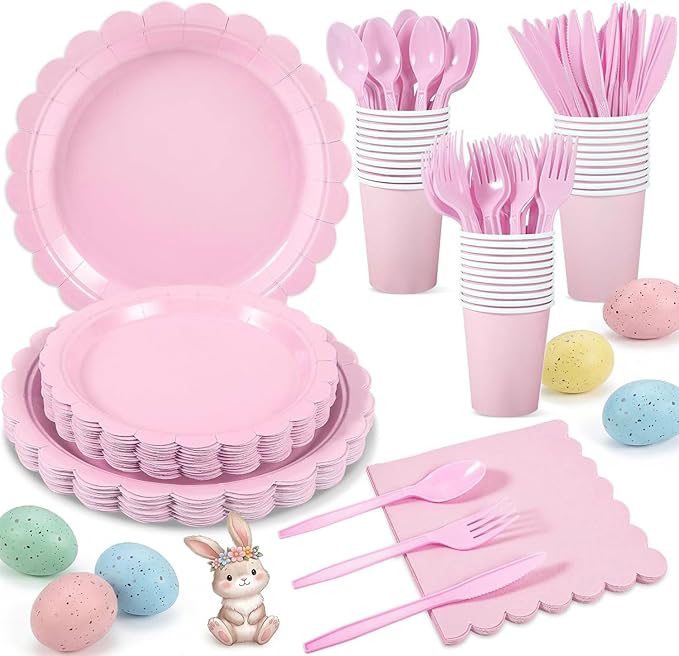 175 Pcs Pink Plates and Napkins, Pink Birthday Decorations Include Scalloped Plate Napkins Cups Plastic Cutlery Disposable Dinnerware for Wedding, Bridal Baby Shower, Mother Day