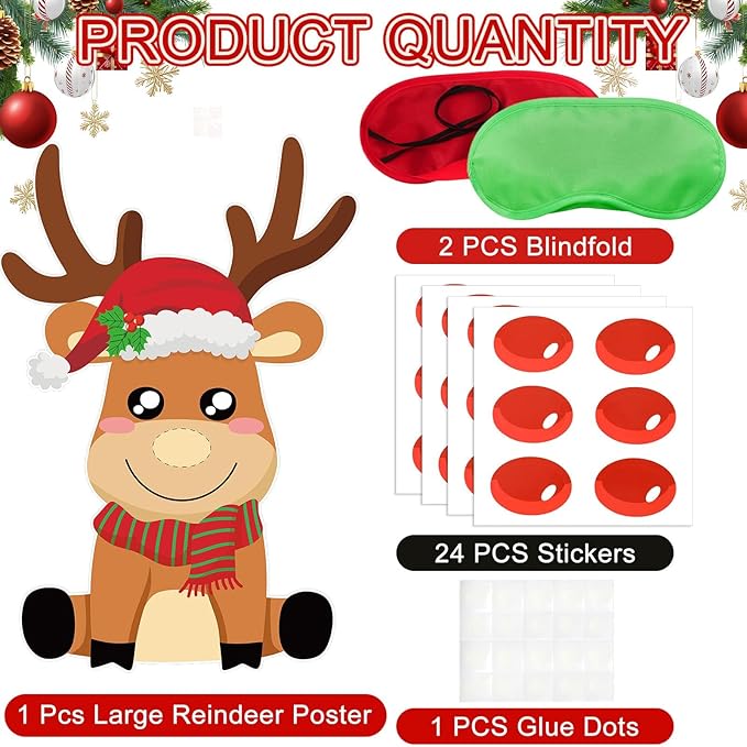 AUGSUN Christmas Party Games for Kids and Family Pin The Nose on The Reindeer Holiday Activity Xmas Reindeer Games for Christmas Festival Winter Party Classroom Favor Decoration Supplies