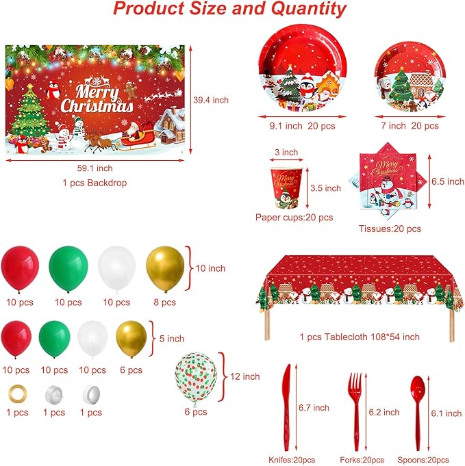 Christmas Party Decorations Dinnerware Set,225 PCS Xmas Party Decoration with Merry Christmas Plates and Napkins Cups Banner Tablecloth Balloons Backdrop for Holiday Party Supplies Serve 20