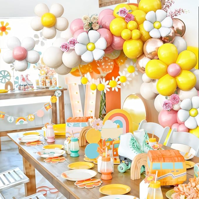 Daisy Balloon Garland Arch Kit,Retro Yellow Pink White Gold Hippie Boho Balloons Garland Daisy Flower Balloons For Birthday Baby Shower Bridal Wedding Groovy Daisy Party Decorations