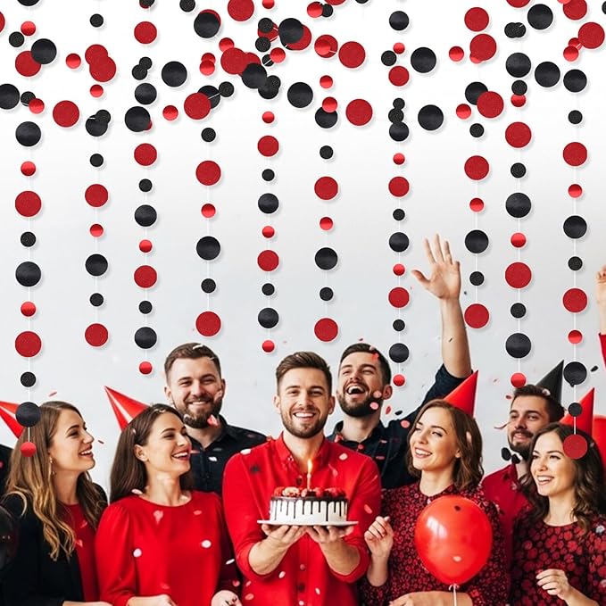Outus 5 Pieces Black,Red Round Dots Garland Easter Graduation Party Hanging Decor Each Length 13.1ft Glitter Paper Dot Streamers for Birthday Wedding Classroom