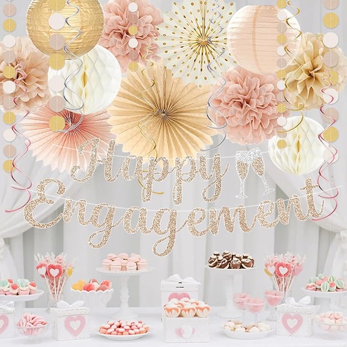 Engagement Party Decorations, Champagne-Gold Glitter Happy Engagement Banner, Almost Married/Just Engaged Photo Background, Boho Tassel Garland Congratulations Wedding Bachelorette Party Shower Décor