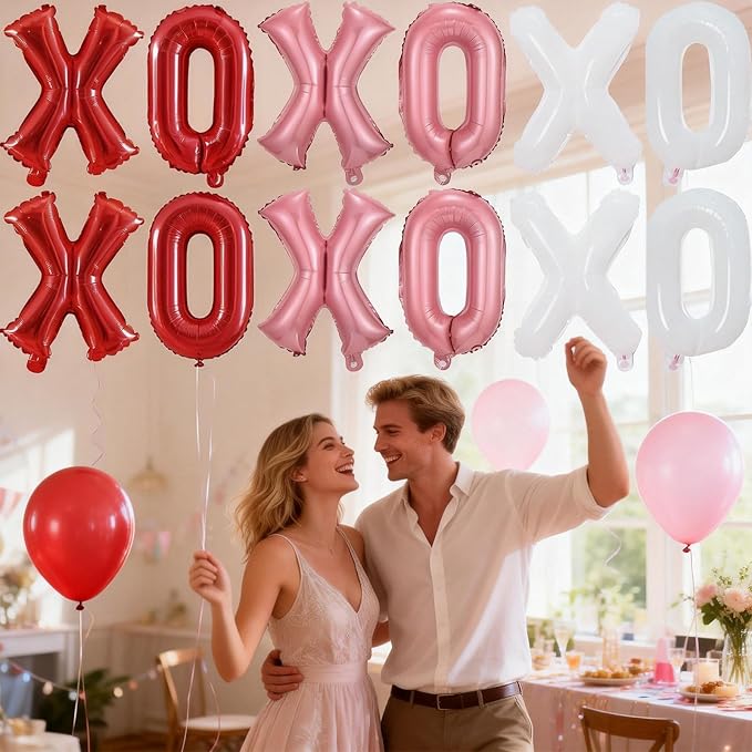 12 Pcs XO Valentines Balloons, 16 Inch Red Pink XOXO Letters Foil Mylar Balloons Banner Valentine Day Balloon Decorations for Romantic Galentines Day Bridal Shower Engagement Anniversary Party Decor
