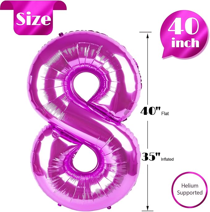 Rosy Purple Number 8 Balloon 40 Inch, 8 Balloon Number, 8th Birthday Decorations, Rosy Purple Party Supplies for Boys Girls