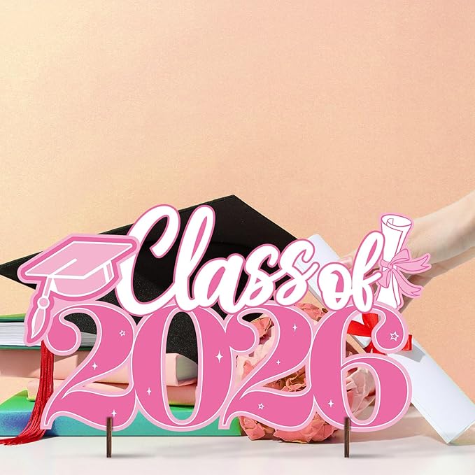 2026 Graduation Signs Decorations, 7 Pcs Class for 2026 Wooden Sign Graduation Party Photo Booth Prop, Wood Cutout High School College Graduation Ceremony Decor Supplies (Pink & White)