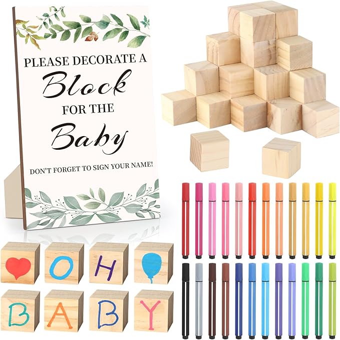 Baby Shower Games Sign Kit with 50 Blank Wooden Baby Blocks, 24 Acrylic Paint Marker and Wooden Sign, Blocks for Baby Shower, Gender Reveals Party(Green)