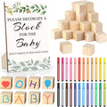 Baby Shower Games Sign Kit with 50 Blank Wooden Baby Blocks, 24 Acrylic Paint Marker and Wooden Sign, Blocks for Baby Shower, Gender Reveals Party(Green)