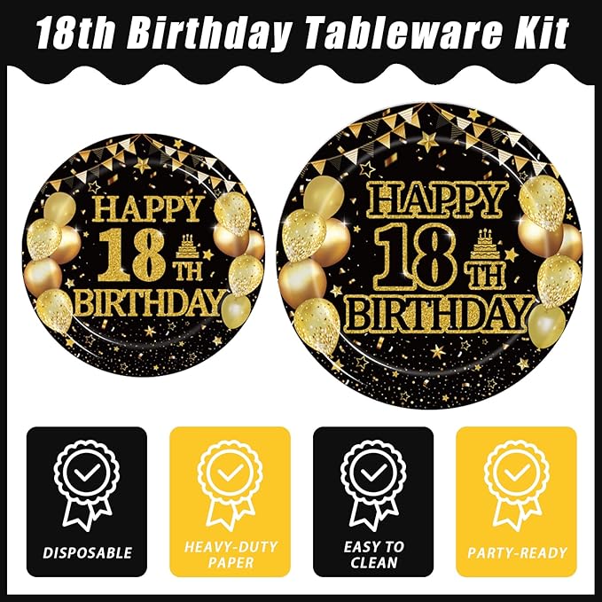 96Pcs 18th Birthday Party Tableware Set, Black Gold Time To Adult Birthday Party Decorations Supplies for Boys Girls Cheers to 18 Years Disposable Paper Plates Napkins Forks Favors, Serve 24