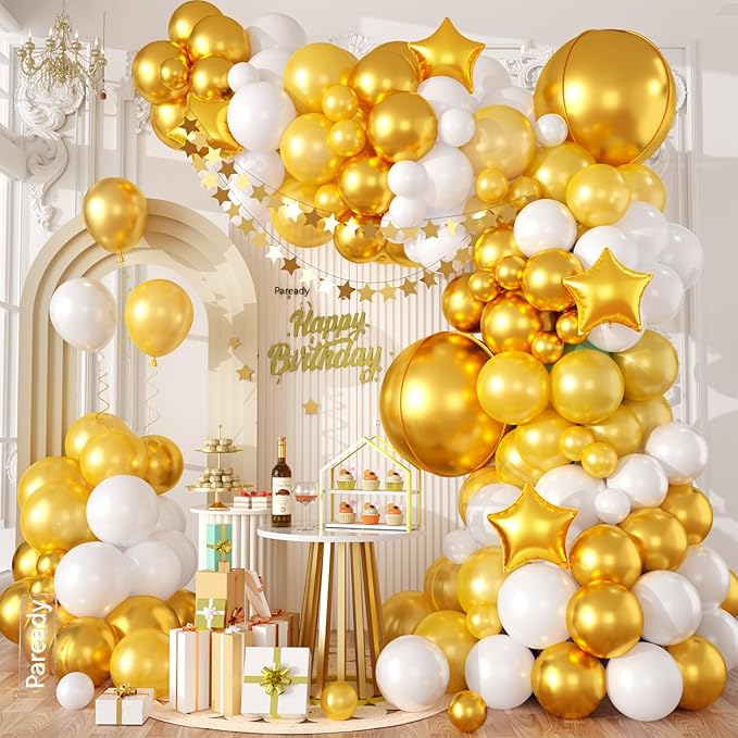 White Gold Balloons Garland Arch Kit, 120pcs Gold Balloon Arch Kit With Star Foil Balloons Gold Star Banner Gold 4d Foil Balloon For Birthday Baby Shower Party Wedding Anniversary Decorations