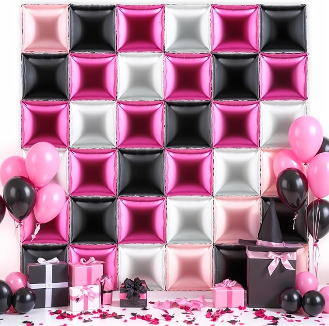 36 Pcs Black Pink Decorations Balloons Brick Square Foil Balloon Wall Backdrop Arch Kit Double Sided Metallic for Cartoon Video Game Birthday Party Supplies (Black Pink Silver)
