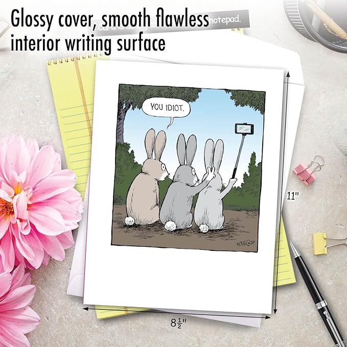 NobleWorks - 1 Big Funny Birthday Card Cartoon (8.5 x 11 Inch) - Jumbo Comic Humor, Group Greeting Card with Envelope - Bunny Selfies J2750BDG