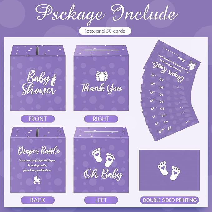 Funrous 51 Diaper Raffle Tickets with Box for Baby Shower Game Invitations Diaper Raffle Card for Gender Reveal Baby Shower Party Decoration Table Centerpiece(Purple Color)