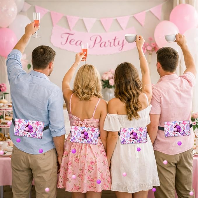 4 Sets Spring Party Games Pink Purple Butterfly Shake Box, 4 Adjustable Belts and 80 Balls, Swing Shaking Balls Set for Adults Tea Garden Outdoor Indoor Group Party Game