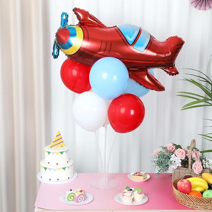 Airplane Birthday Party Balloons Stand Kit 2 Sets with 2 Plane Helicopter Foil Balloons Red Blue White Balloon Centerpiece for Tables for Adventure Time Flies Birthday Baby Shower Party Decoration