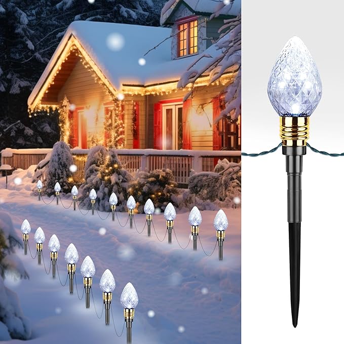 Brightown 2 Pack Strawberry C9 Christmas Pathway Lights Outdoor - Total 34.8 Feet 20 LED Christmas Walkway Light, Christma Light Outdoor Decorations for Yard Lawn Holiday Outside, Pure White