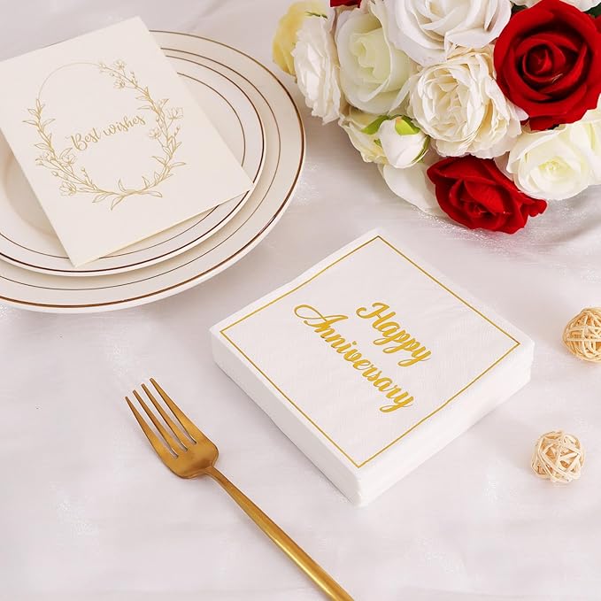 Vuzvuv 50 Pack Gold Foil Happy Anniversary Decorations Cocktail Napkins - Wedding Dating Anniversaries Party Dinner Hand Napkin for Party Supplies Decorations Table Decor (5" Folded 2 Ply)