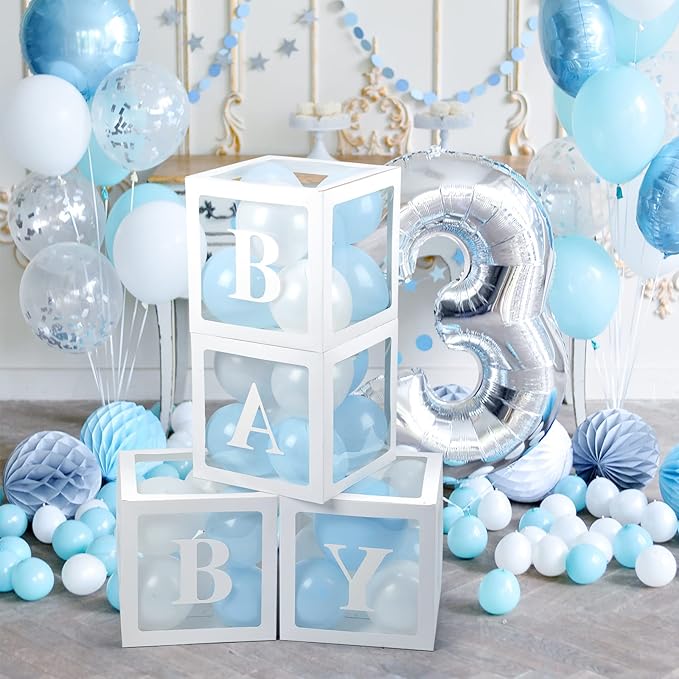Baby Boxes with Letters for Baby Shower, 4 Transparent Balloon Boxes with Letters for Gender Reveal Birthday Wedding Baby Shower Decorations(Blue and White Balloons)