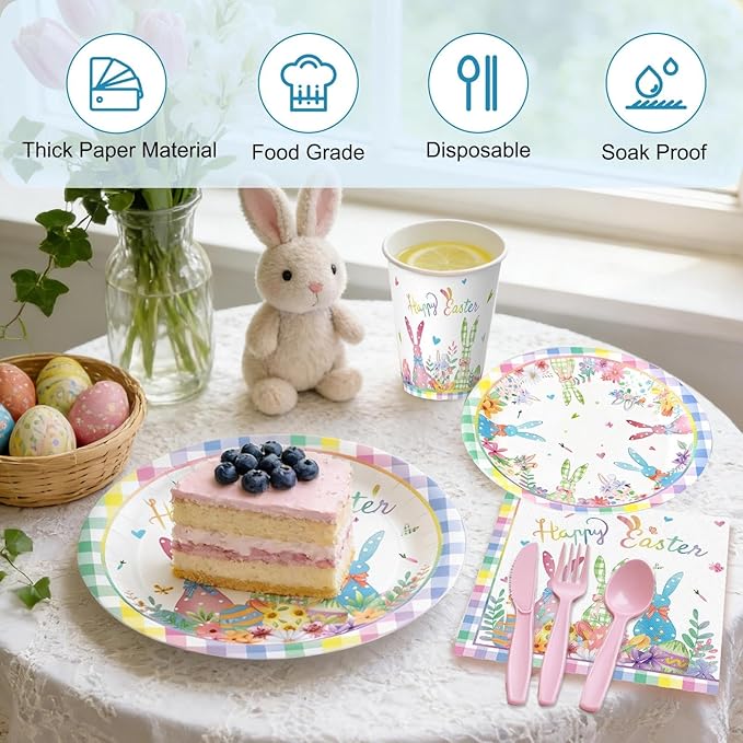 112 PCS Easter Day Party Disposable Set for 16 Guests - Complete 9'' & 7'' Paper Plates, Napkins, Cups, Knives, Forks & Spoons | Perfect for Easter Brunch, Spring Picnic, Holiday,Birthday