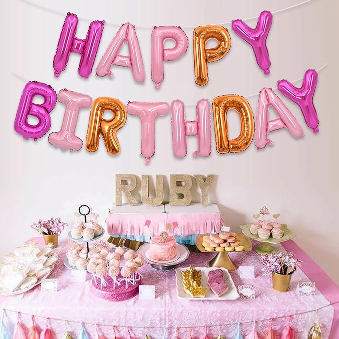 TONIFUL Happy Birthday Balloons Banner 16 Inch Mylar Foil Letters Birthday Sign Reusable for Girls Boys Kids & Adults Birthday Party Decorations Supplies（Hot Light Pink Orange）