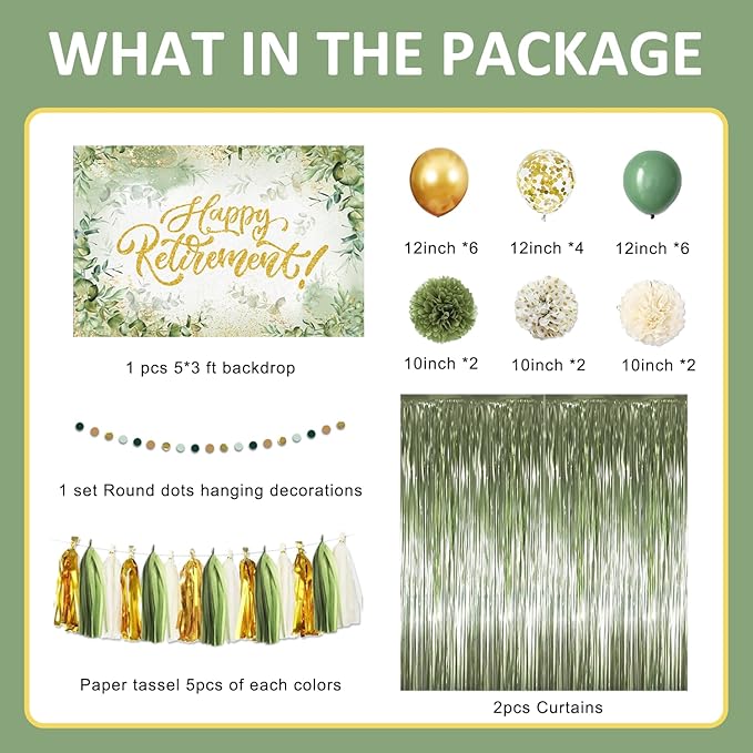 Sage Green Retirement Party Decorations - Happy Retirement Banner, Foil Curtains, Backdrop, Tissue Paper Pom Poms, Latex and Confetti Balloons