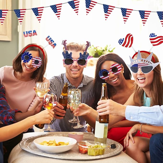20 Pcs 4th of July Patriotic Party Accessories, 12 American Flag Party Glasses, 8 USA Independence Day Headbands, Red White and Blue Patriotic Photo Booth Props, Veterans Day, Memorial Day Supplies