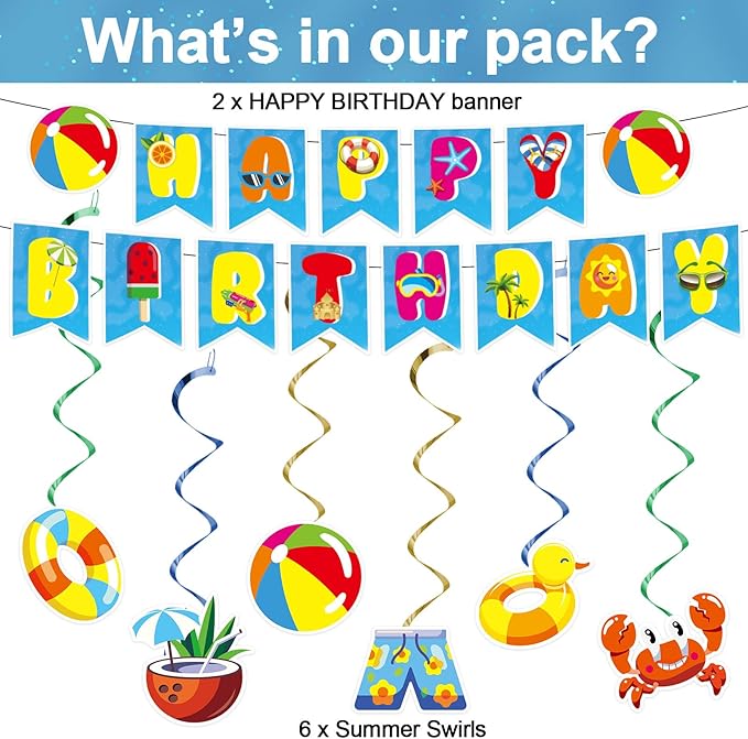 Qyeahkj 184 Pcs Beach Party Supplies Plates Napkins Set Includes Summer Plates Napkins Cups Tablecloth Swirls Banner Tableware Kit Beach Hawaiian Pool Birthday Decorations Favors for Kids, Serve 25