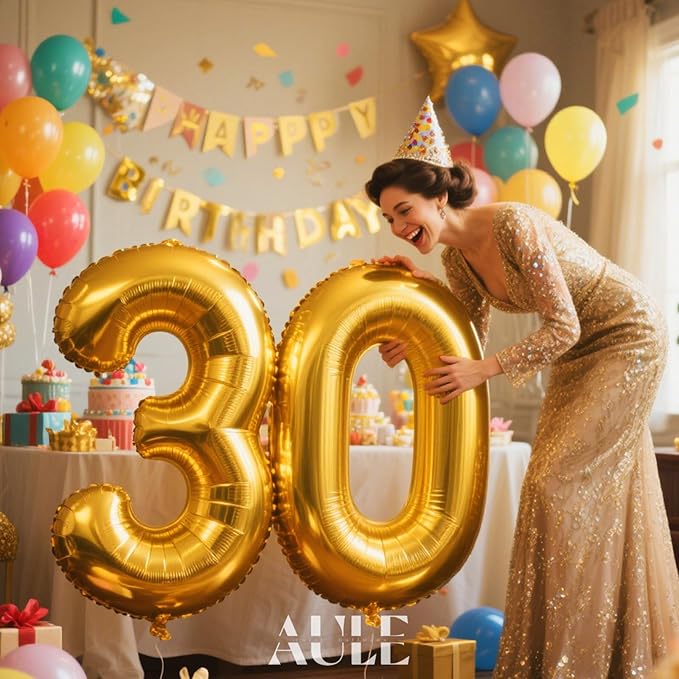 AULE 40 Inch Jumbo Gold Foil Mylar Number Balloons for Men Women 30th Birthday Party Decorations 30 Years Old Anniversary Party Supplies