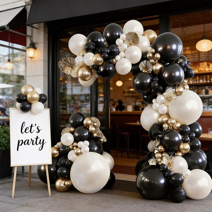 Black and Gold Balloon Arch Kit, Double Stuffed 129 Pcs Gold and Black Balloons Garland with Black Pearl White Sand Ivory Chrome Gold Balloons for Wedding Birthday Event New Year's Party Decoration