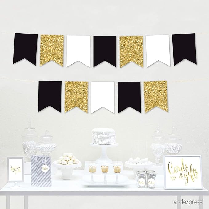 Andaz Press Hanging Pennant Banner with String, Black, White, Faux Gold Glitter, 1-Set, 24 Pennants, Approx. 12-Feet Long