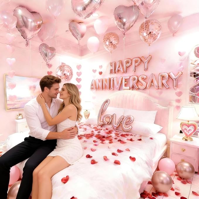 Rose Gold Anniversary Decorations Set - 1052pc Romantic Room Decor Kit with 1000 Rose Petals, HAPPY ANNIVERSARY & LOVE Foil Balloons - Perfect for Proposal, Wedding, Valentine's, Hotel Room Surprises