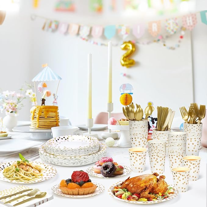 Lzerking Party Supplies Set - 280 Pieces of White and Gold Dot Paper Plates, Cups, Napkins, and Heavy Duty Silverware for 40 Guests for Birthdays, Graduation, Wedding, Festivals