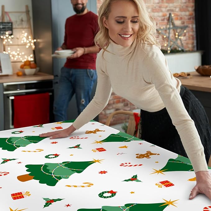 2 Pack Christmas Tree Tablecloth 54"x108" Disposable Plastic Waterproof Table Cloths Rectangular Table Cover for Merry Christmas Picnic Camping Outdoor Birthday Party Supplies