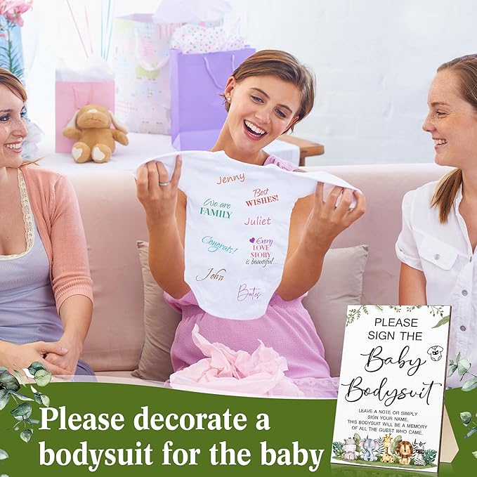 Qunclay 12 Pcs Baby Shower Game Decor with White Unisex Bodysuit Wooden Sign Tabletop Decor and Marker for Guests(Safari)
