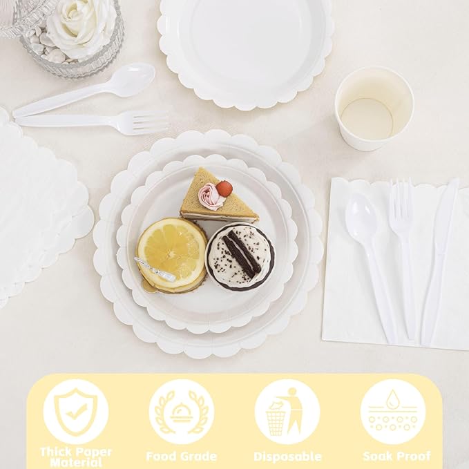 LIYH 350 Pcs White Paper Plates and Napkins 50 Guest Party Supplies Include White Scalloped Disposable Paper Plates Cocktail Napkins Cups Cutlery for Baby Shower,Birthday