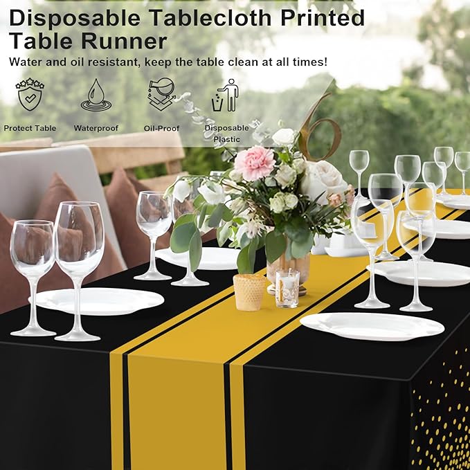 12 Pack Black and Gold Tablecloth Party Decorations Plastic Black Tablecloth Printed Gold Table Runner 54 x108 Inch Disposable Rectangle Table Cover for Birthday Wedding Graduation