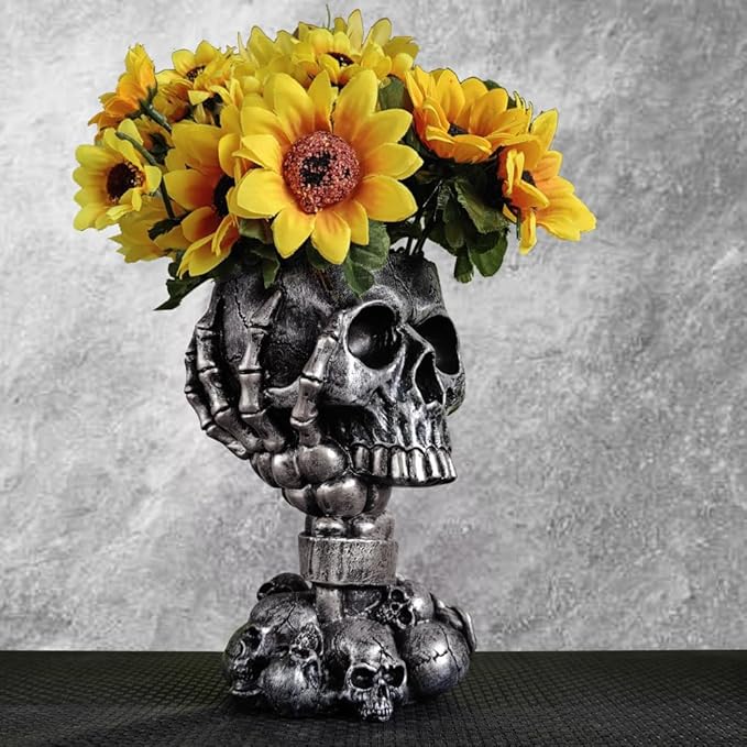 Skull Planter, Gothic Planters for Halloween Decorations Indoor/Outdoor Plants, Goth Flower Pots, Plant Pots, Skull Flower Pot, Plant Pot, Unique Vase with Drainage(Tall Black)