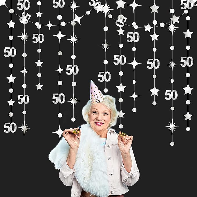 Silver 50th Birthday Decorations Number 50 Circle Dot Twinkle Star Garland Metallic Hanging Streamer Bunting Banner Backdrop for 50 Year Old Birthday Happy 50th Anniversary Fiftieth Party Supplies
